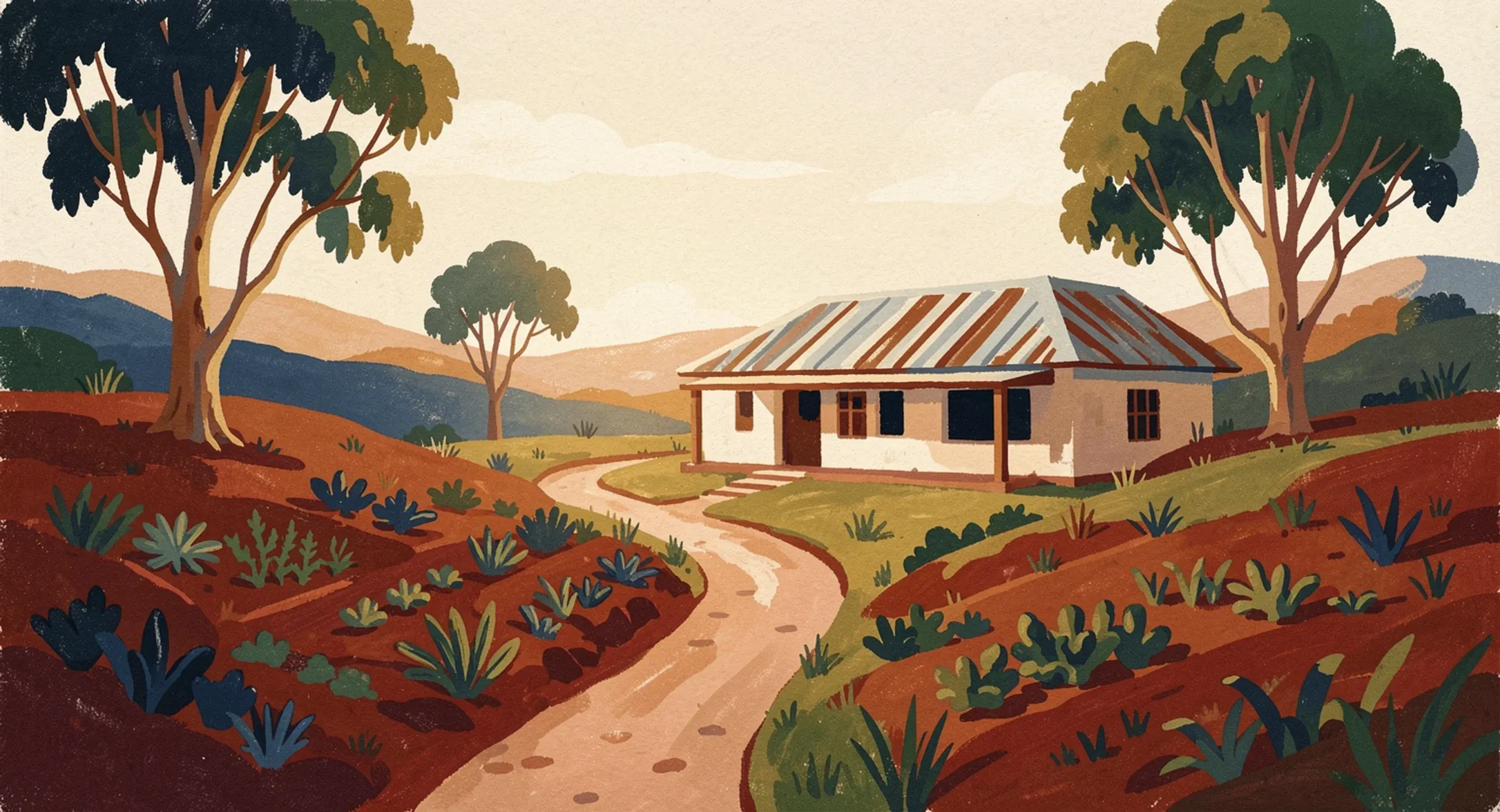 Illustration: a red-earth path leading to a house with a tin roof, between tall trees and young plants under a warm sky.