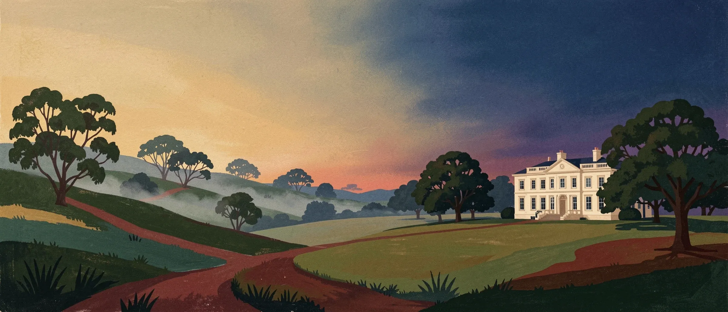 Illustration: the green hills of the Bali Nyonga Grassfields at dawn flow into an English country estate at dusk, under one sky.