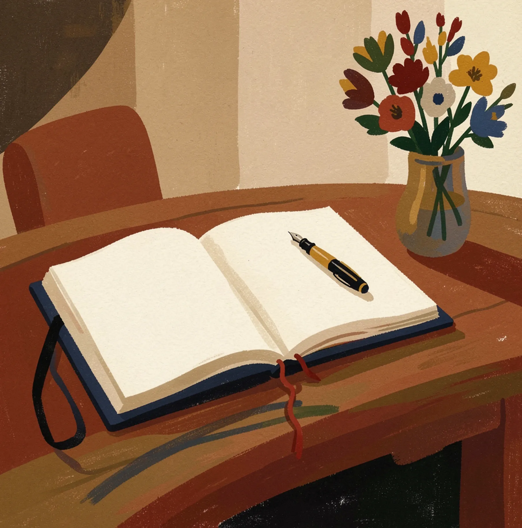 Illustration: an open guest book with a pen and a red thread bookmark on a welcome desk.